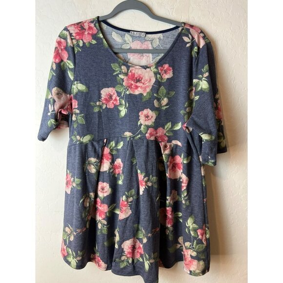 Women La Clef 2X Baby Doll Floral Tunic Blouse Tee Elbow Sleeves - Picture 2 of 6